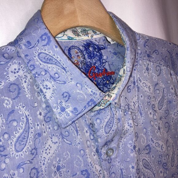Robert Graham Mens Shirt L Paisley Blue Flip Cuff Embroidered Long Sleeve Button
